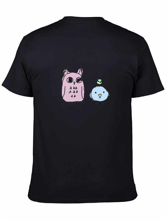 Cute Cartoon Owl & Bird Graphic T-Shirt