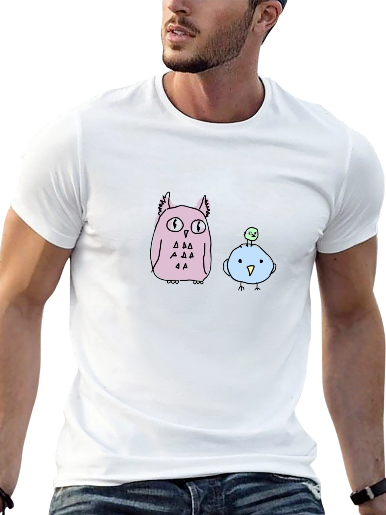 Cute Cartoon Owl & Bird Graphic T-Shirt