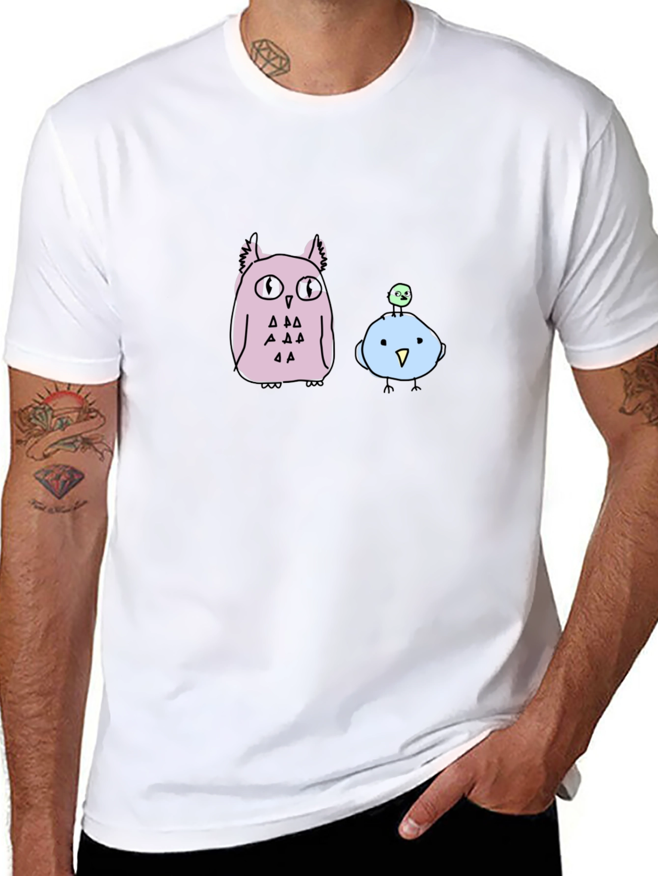 Cute Cartoon Owl & Bird Graphic T-Shirt