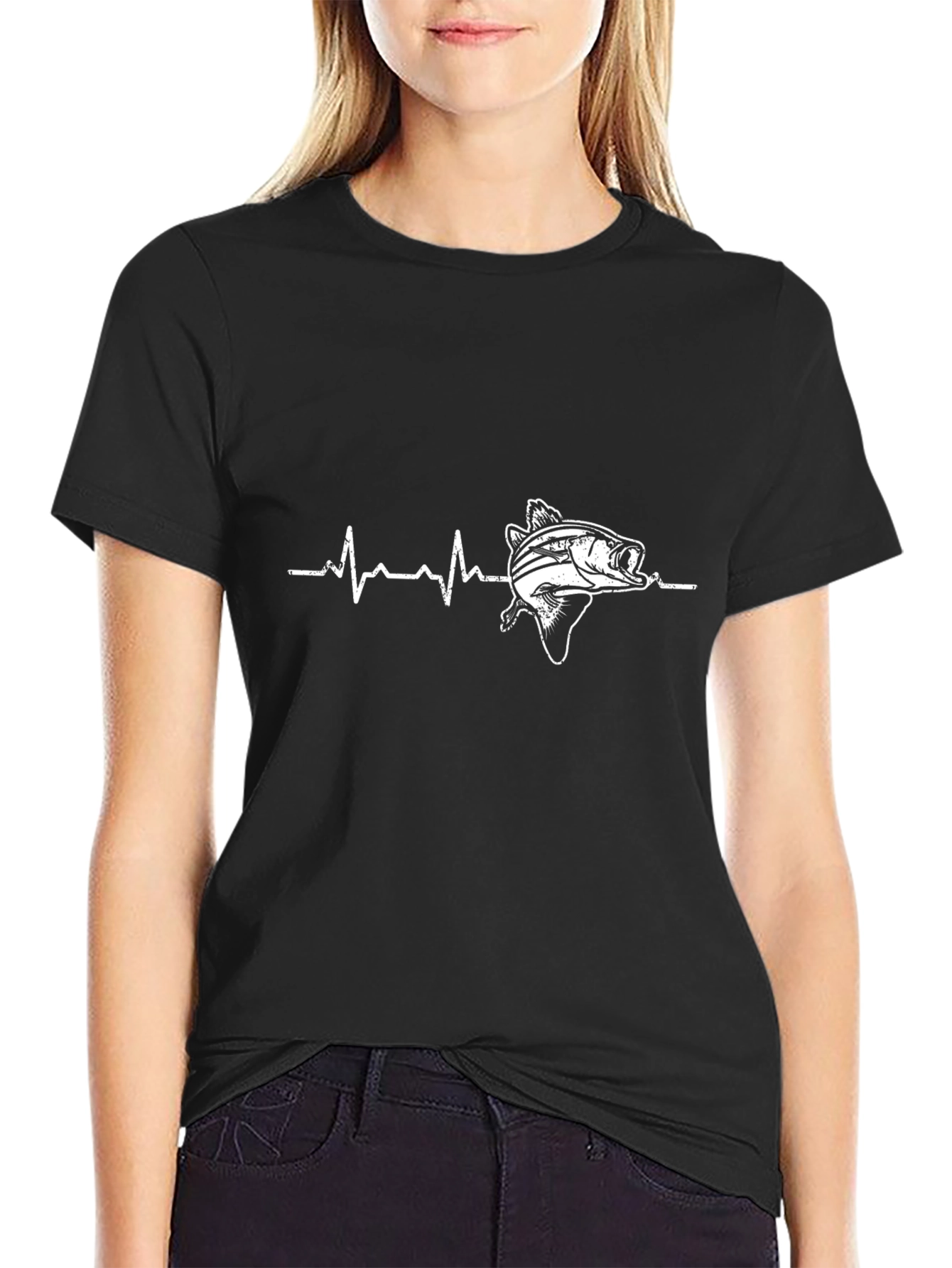 Fishing Heartbeat Graphic T-Shirt - Black
