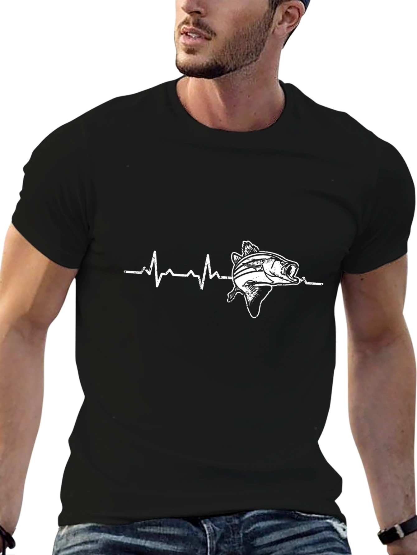 Fishing Heartbeat Graphic T-Shirt - Black