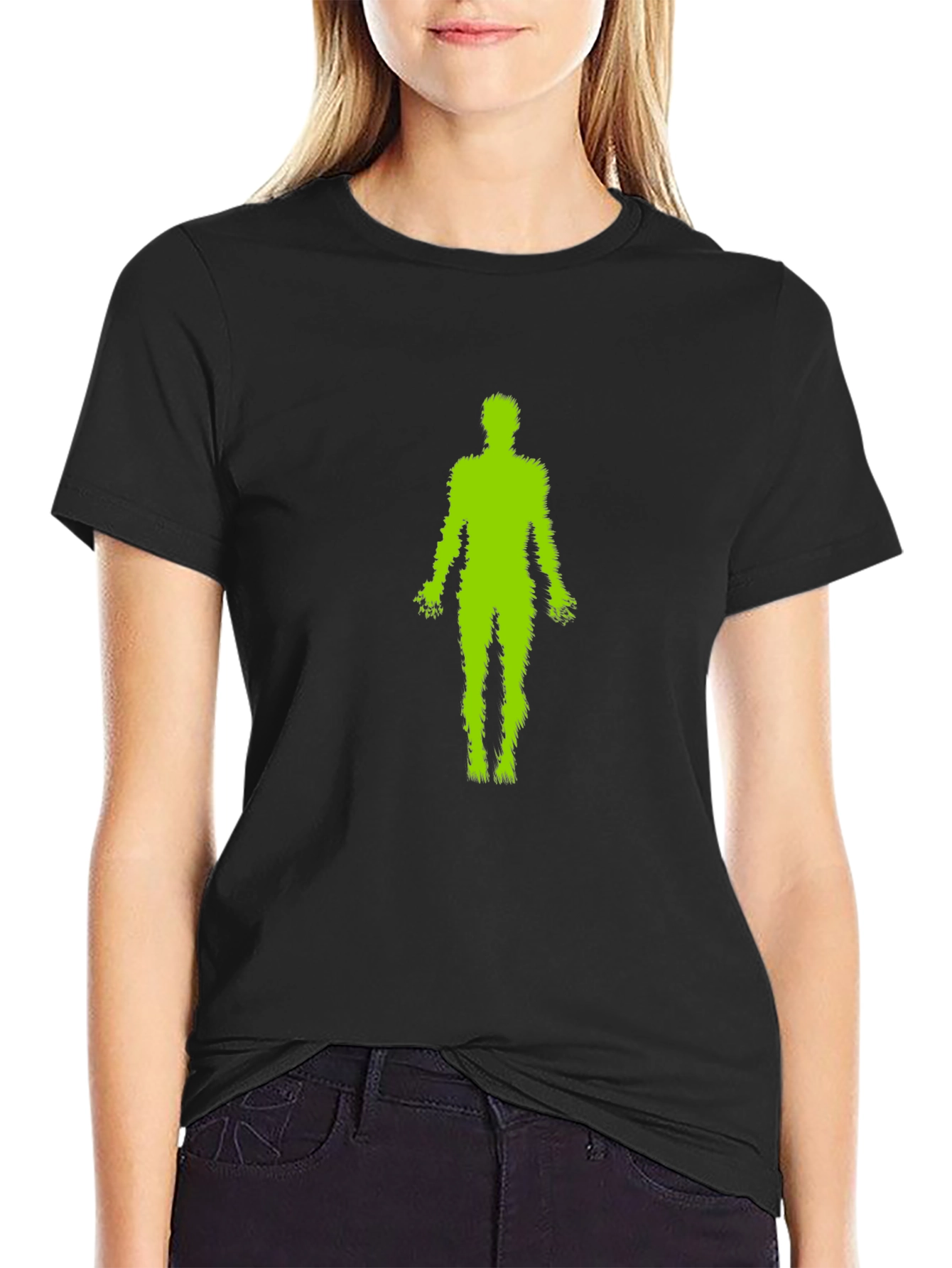 Green Fuzzy Human Black T-Shirt