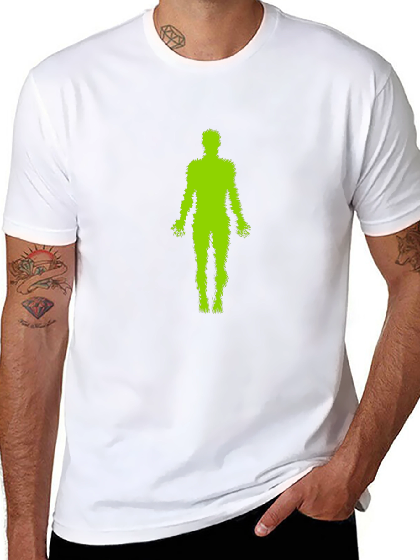 Green Fuzzy Human Black T-Shirt