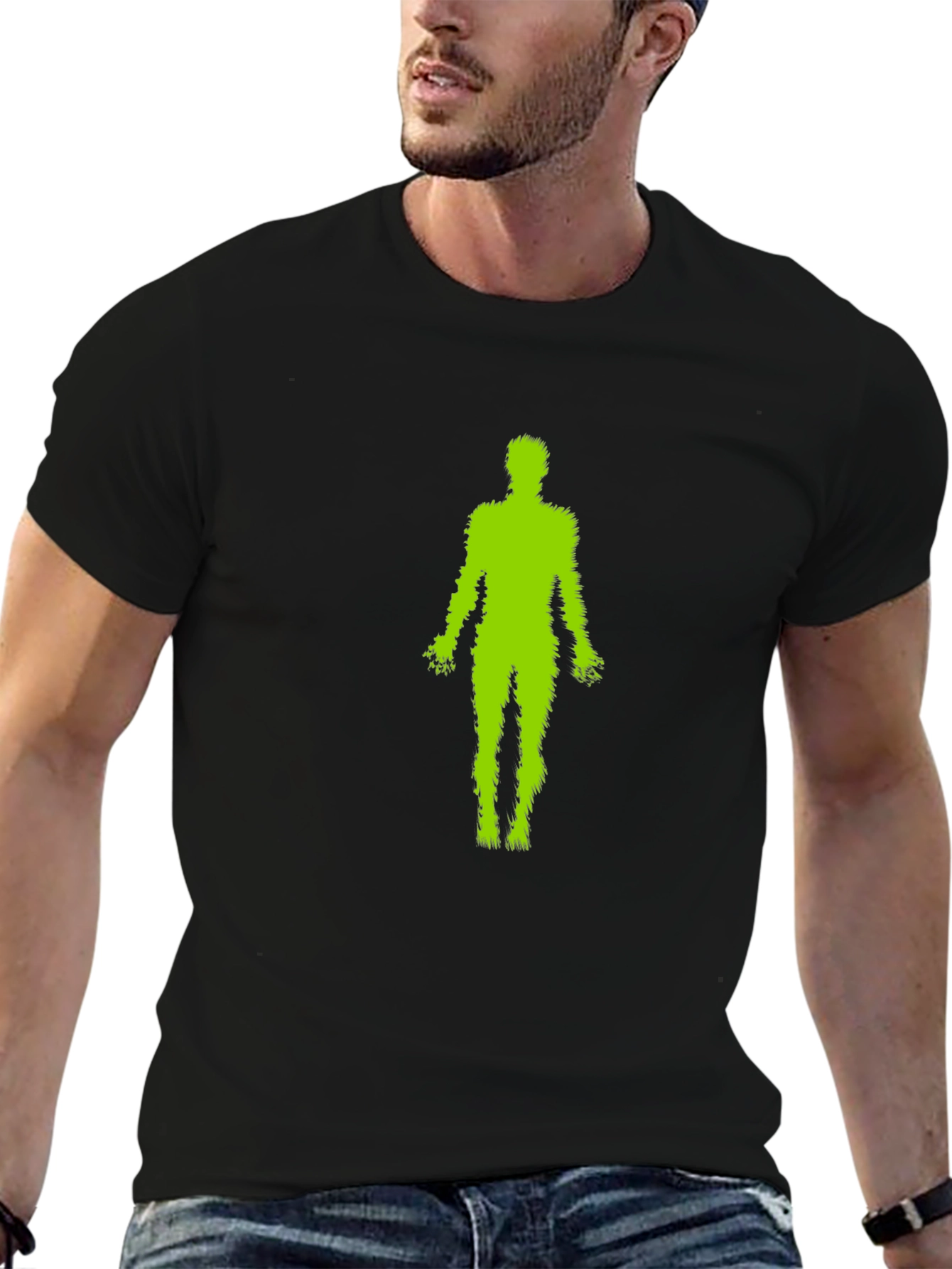 Green Fuzzy Human Black T-Shirt