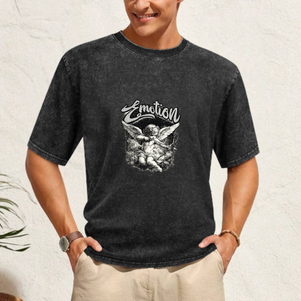 Emotion Angel Graphic Vintage Washed T-Shirt | Retro Cupid Streetwear Tee(z117)