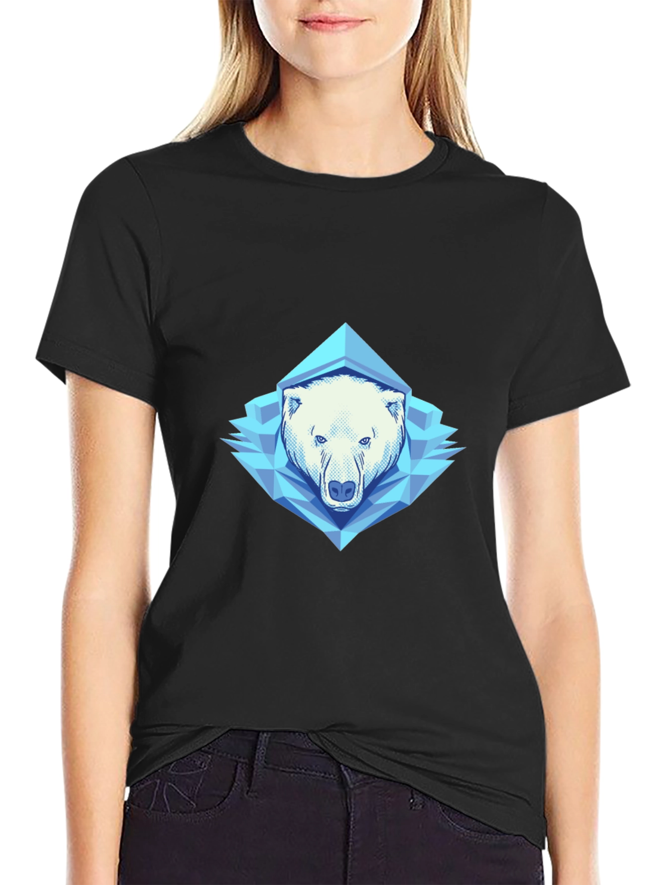 Geometric Polar Bear Graphic Tee - Black