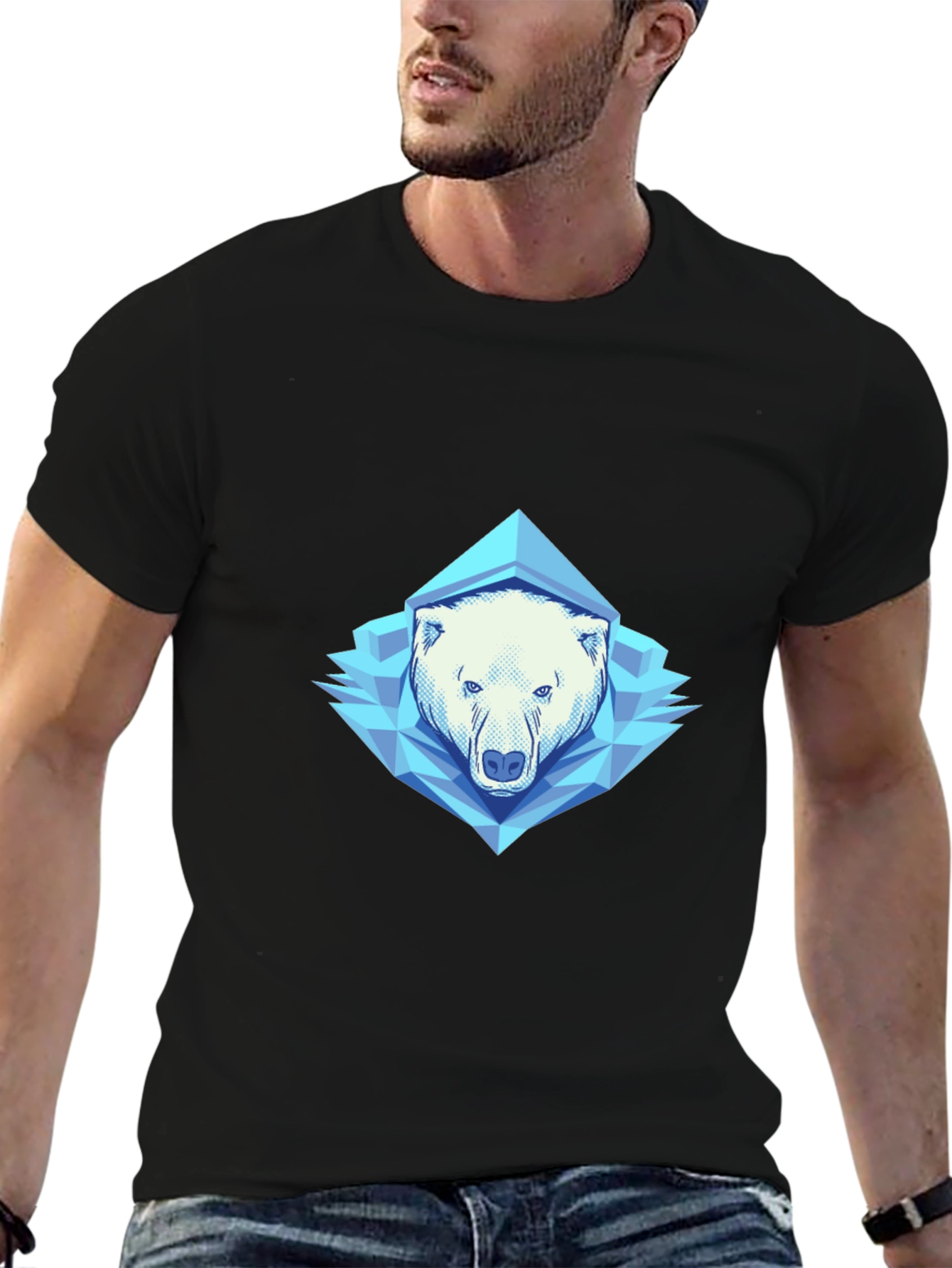 Geometric Polar Bear Graphic Tee - Black