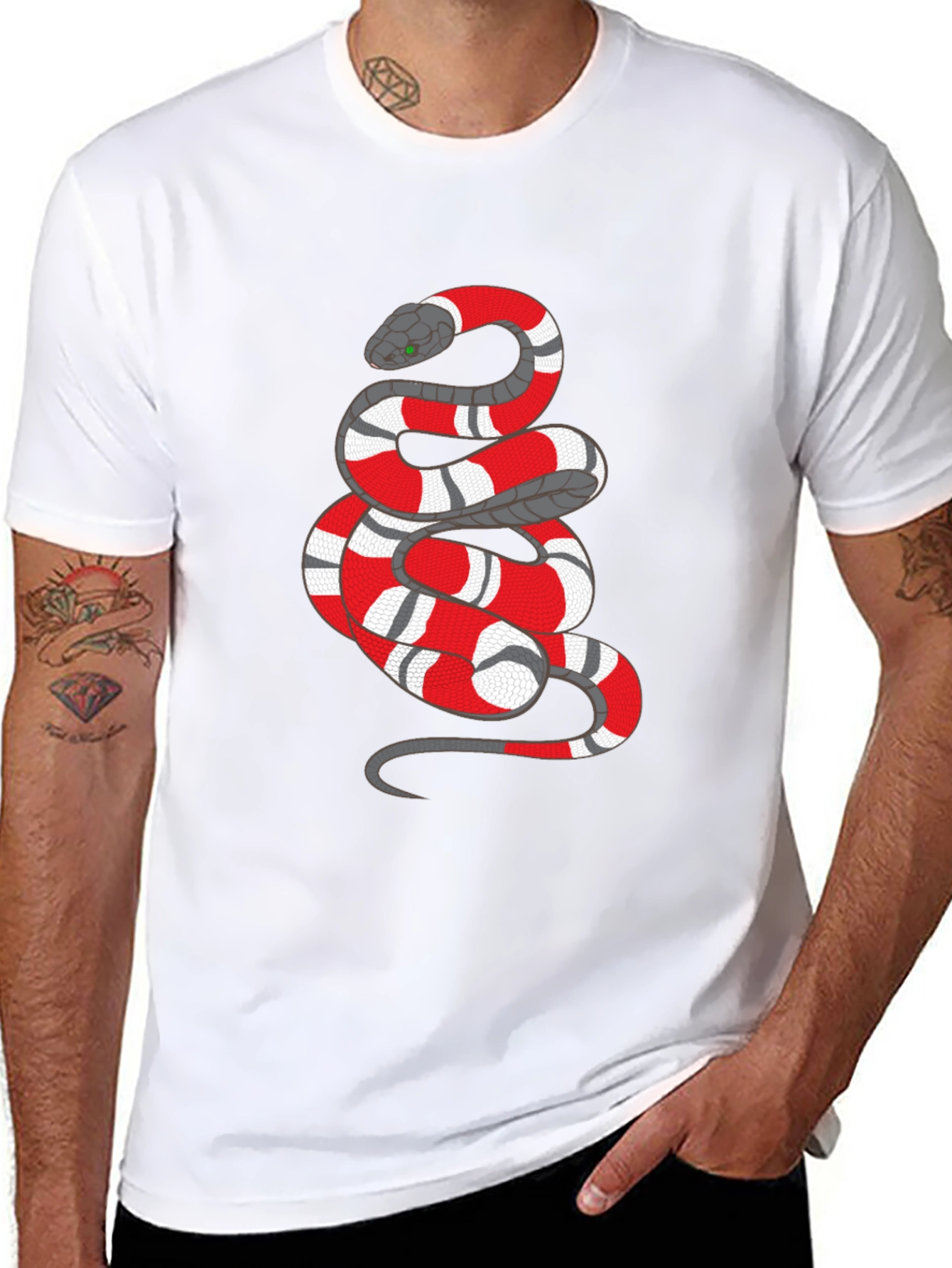 Mens Black T-Shirt with Red and White Snake Graphic