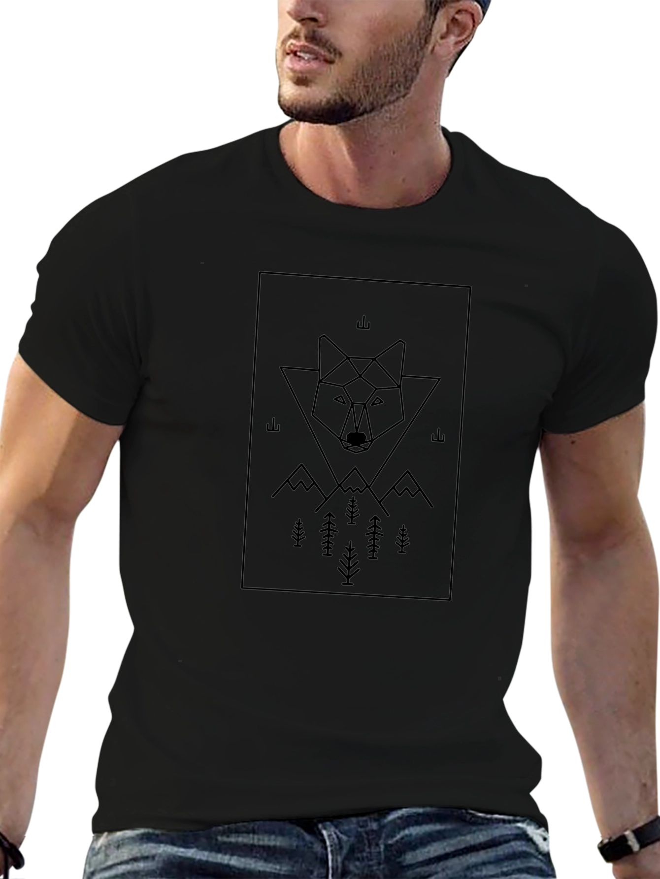 Geometric Wolf Graphic Tee - Black