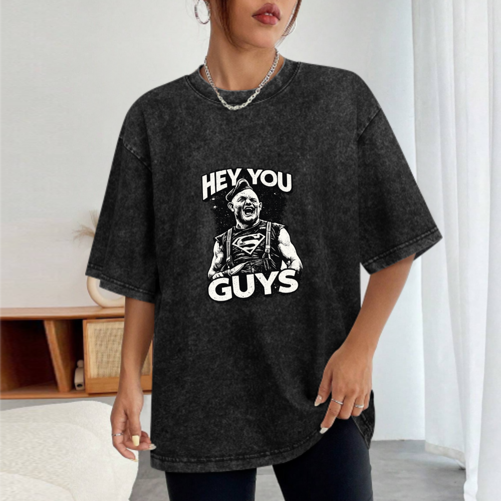 Hey You Guys Vintage Washed Graphic T-Shirt | Funny Retro Streetwear Tee(z115)