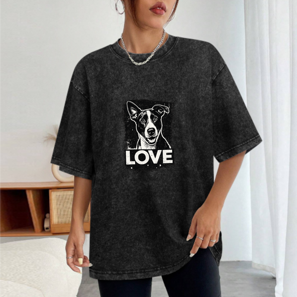 Love Dog Graphic Vintage Washed T-Shirt | Cute Pet Lover Streetwear Tee(z116)