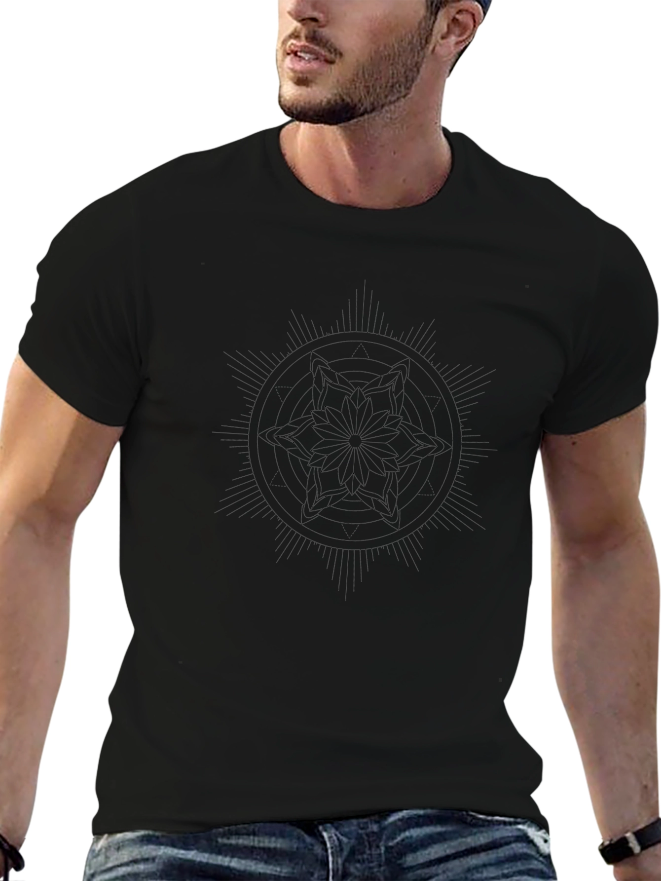 Mens Black Graphic Tee - Mandala Design