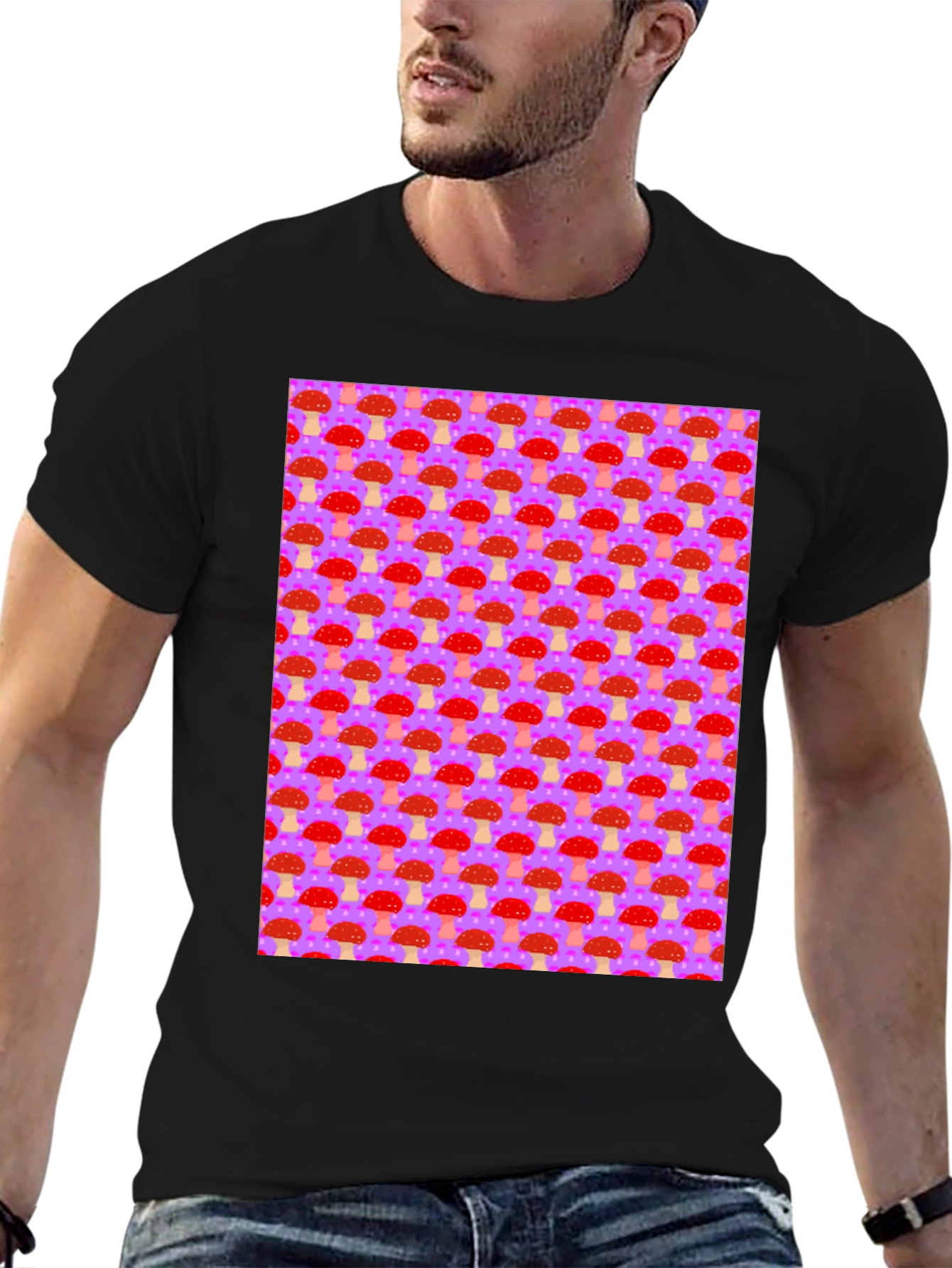 Mushroom Pattern Graphic Tee - Black