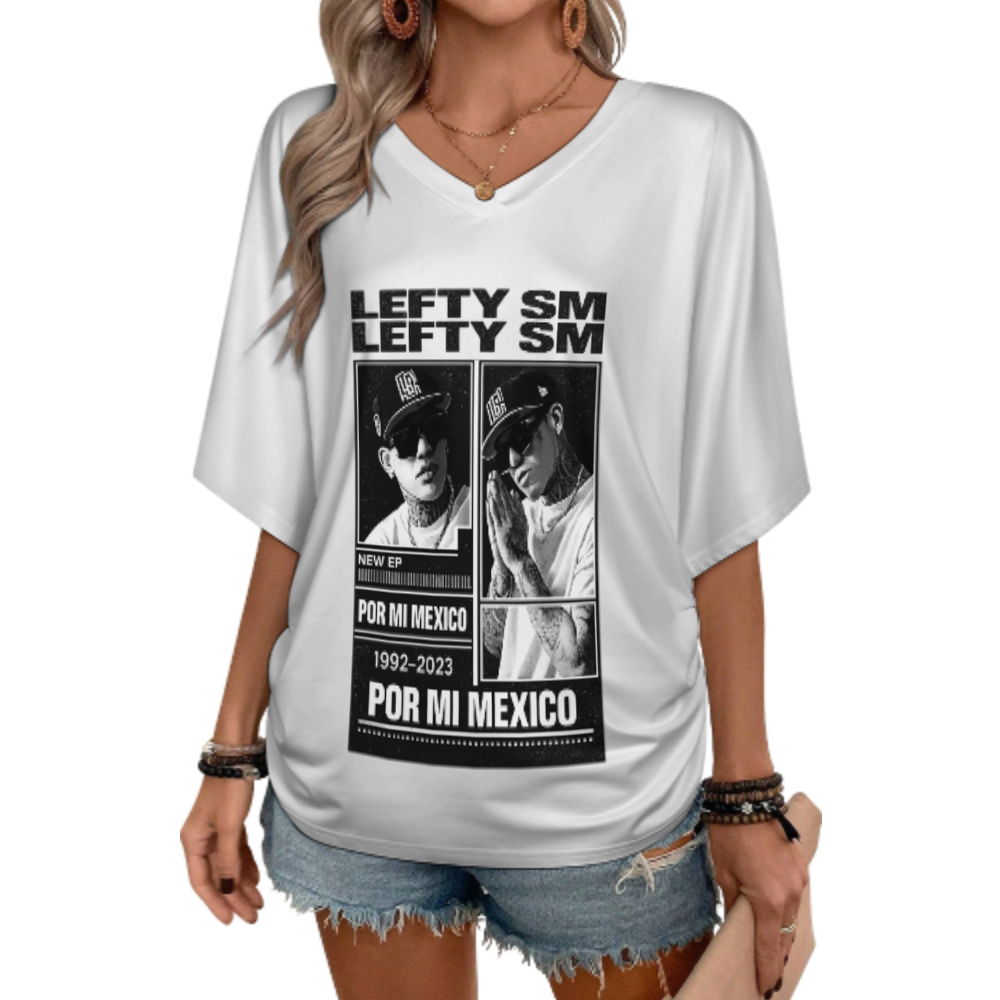 Lefty SM Por Mi Mexico Graphic V-Neck T-Shirt – Vintage Rap Tribute Casual Women’s Tee(z149)