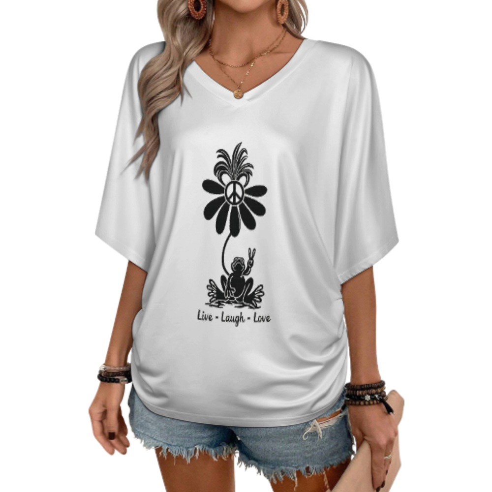 Women’s Peace Flower Frog Graphic V-Neck Tee – Retro Hippie Casual Shirt(z144)