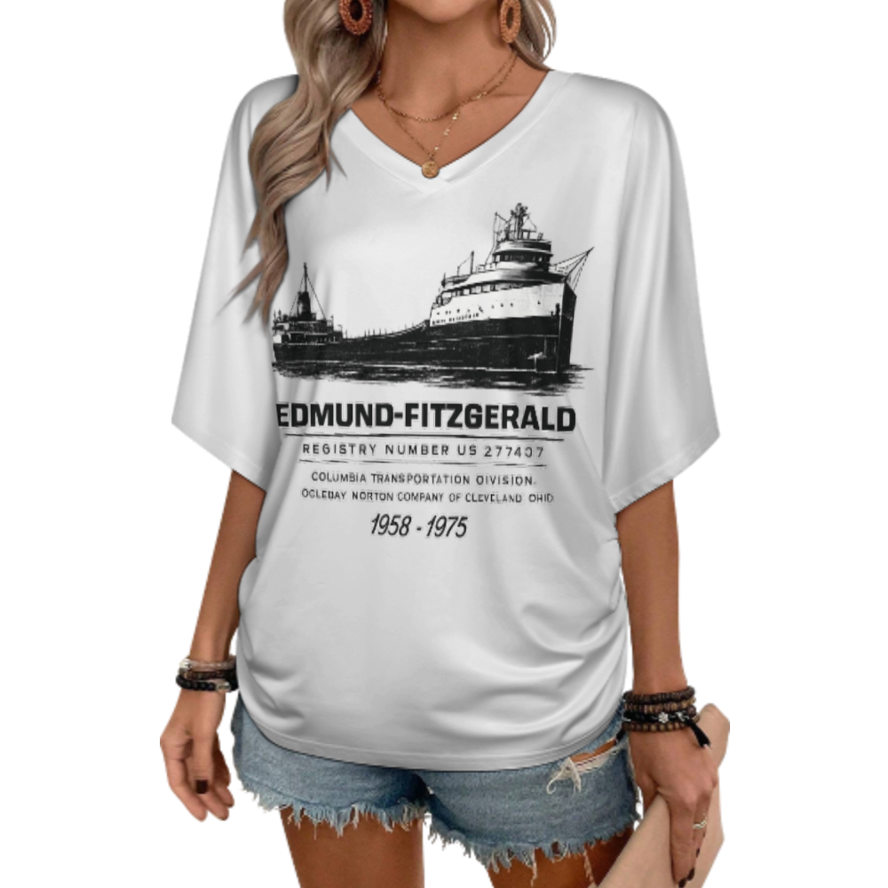 Edmund Fitzgerald Vintage Ship V-Neck T-Shirt – Great Lakes Freighter Graphic Casual Women’s Tee(z147)