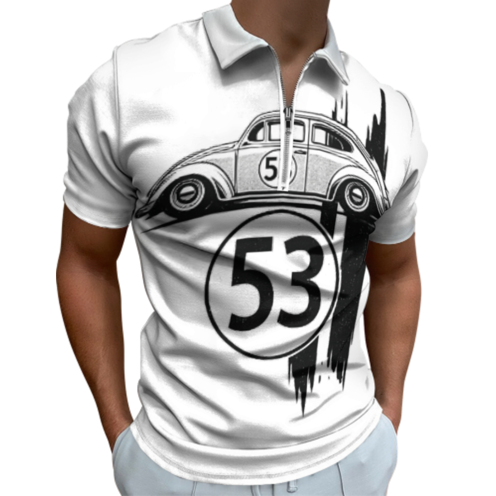 Retro 53 Beetle Graphic Polo Shirt – Classic Vintage Car Zip Collar Tee for Auto Lovers(z170)