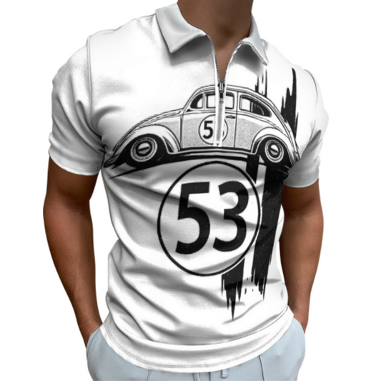 Retro 53 Beetle Graphic Polo Shirt – Classic Vintage Car Zip Collar Tee for Auto Lovers(z170)