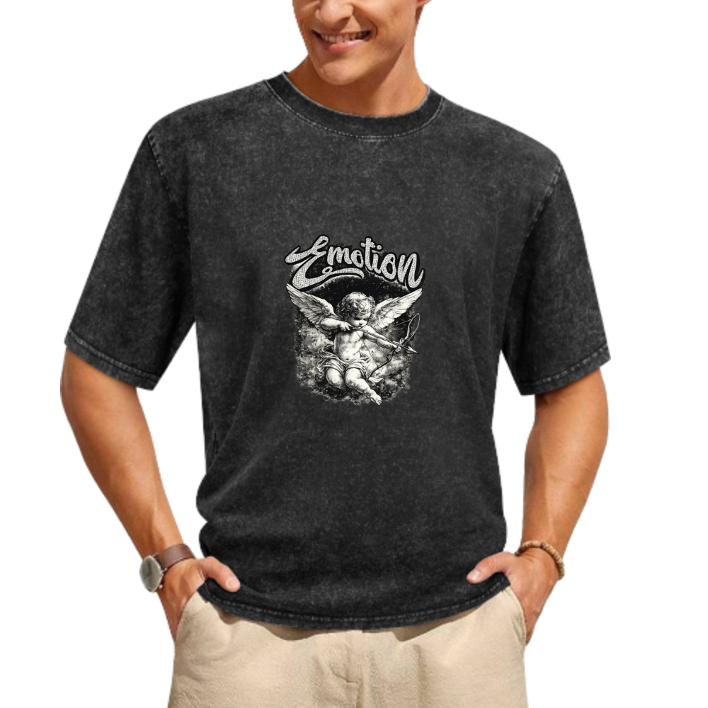 Emotion Angel Graphic Vintage Washed T-Shirt | Retro Cupid Streetwear Tee(z117)
