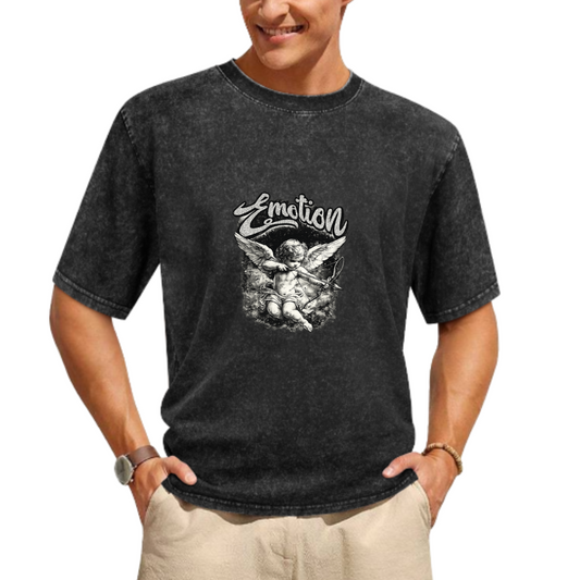 Emotion Angel Graphic Vintage Washed T-Shirt | Retro Cupid Streetwear Tee(z117)