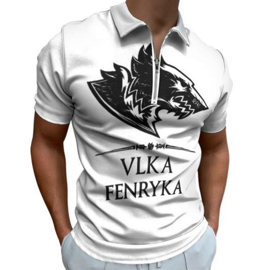 VLKA FENRYKA Viking Wolf Polo Shirt – Nordic Warrior Graphic Zip Collar Tee for Men(z162)