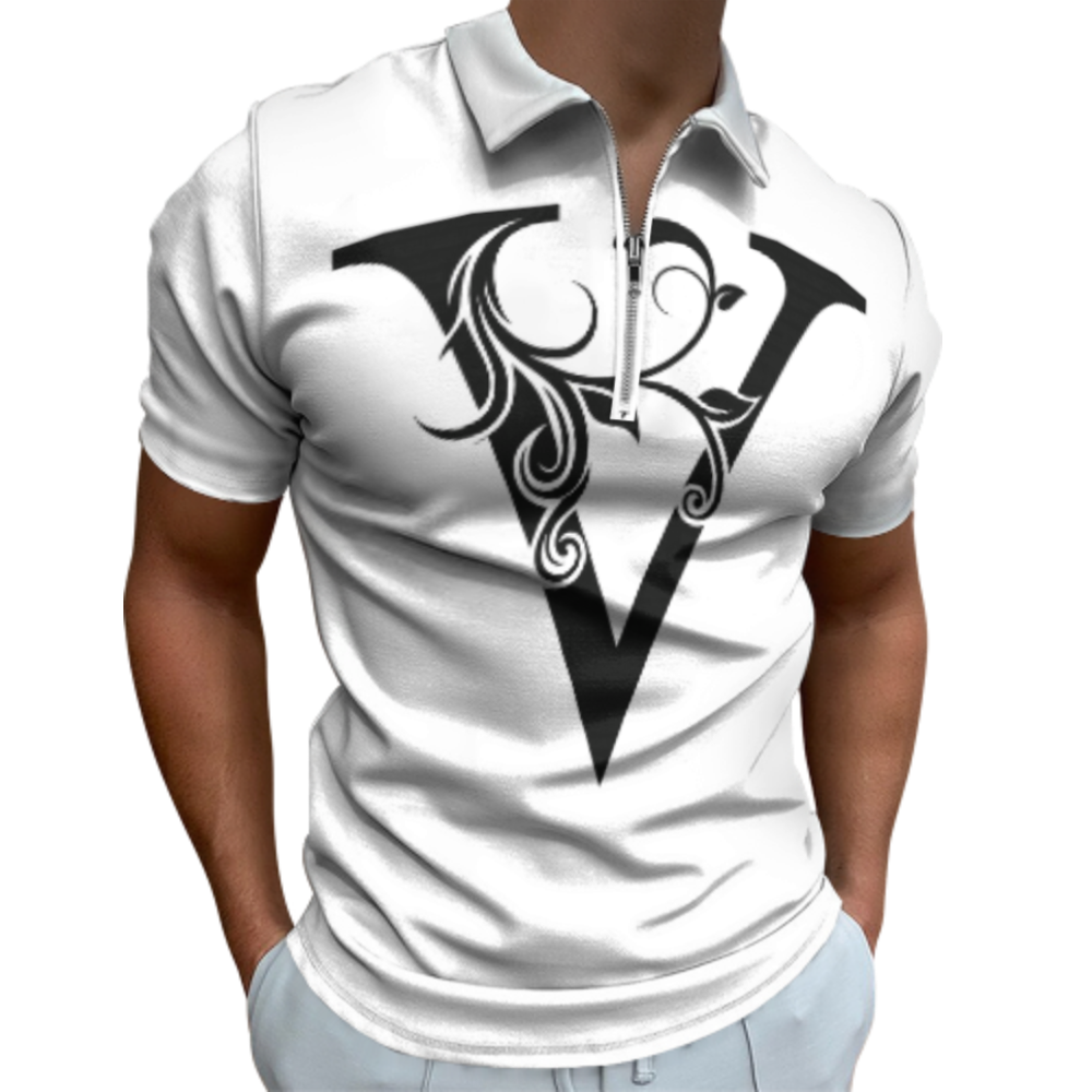Elegant Letter V Polo Shirt – Floral Monogram Graphic Zip Collar Tee for Men & Women(z164)