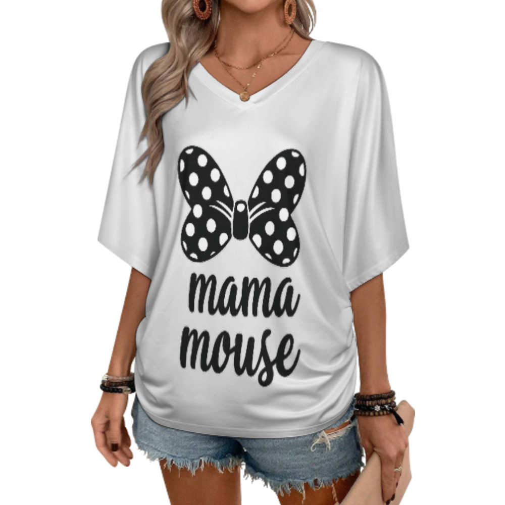 Mama Mouse Polka Dot Bow V-Neck T-Shirt – Cute Family Graphic Casual Women’s Tee(z146)