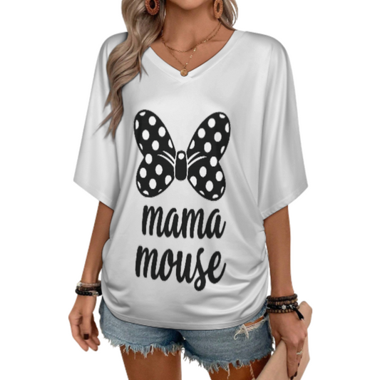 Mama Mouse Polka Dot Bow V-Neck T-Shirt – Cute Family Graphic Casual Women’s Tee(z146)