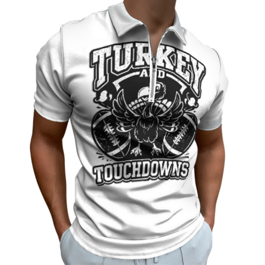 Turkey And Touchdowns Football Polo Shirt – Funny Thanksgiving Graphic Zip Tee for Men(z163)