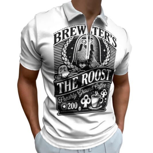 Brewster’s Roost Coffee Polo Shirt – Retro Café Graphic Zip Collar Tee for Cozy Game Lovers(z169)