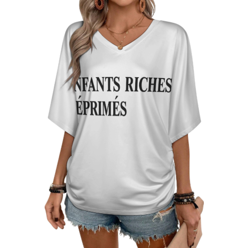 Women’s V-Neck Ruched Side Graphic T-Shirt – Soft Casual Fashion Tee for Everyday Wear(z141)