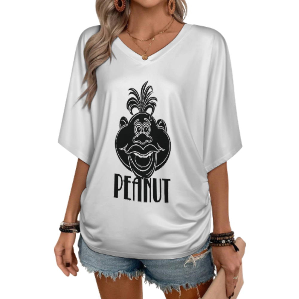 Women’s Peanut Cartoon Graphic V-Neck Tee – Funny Retro Character Casual Shirt(z143)