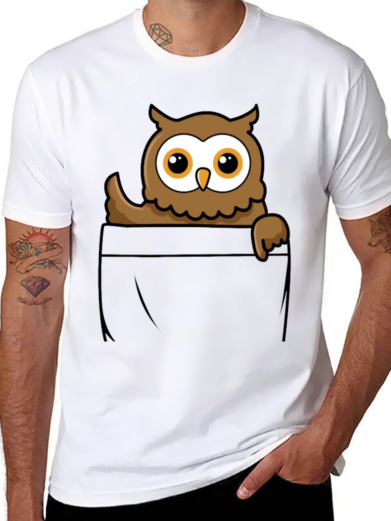 Owl Pocket Graphic T-Shirt - Black Cotton Tee