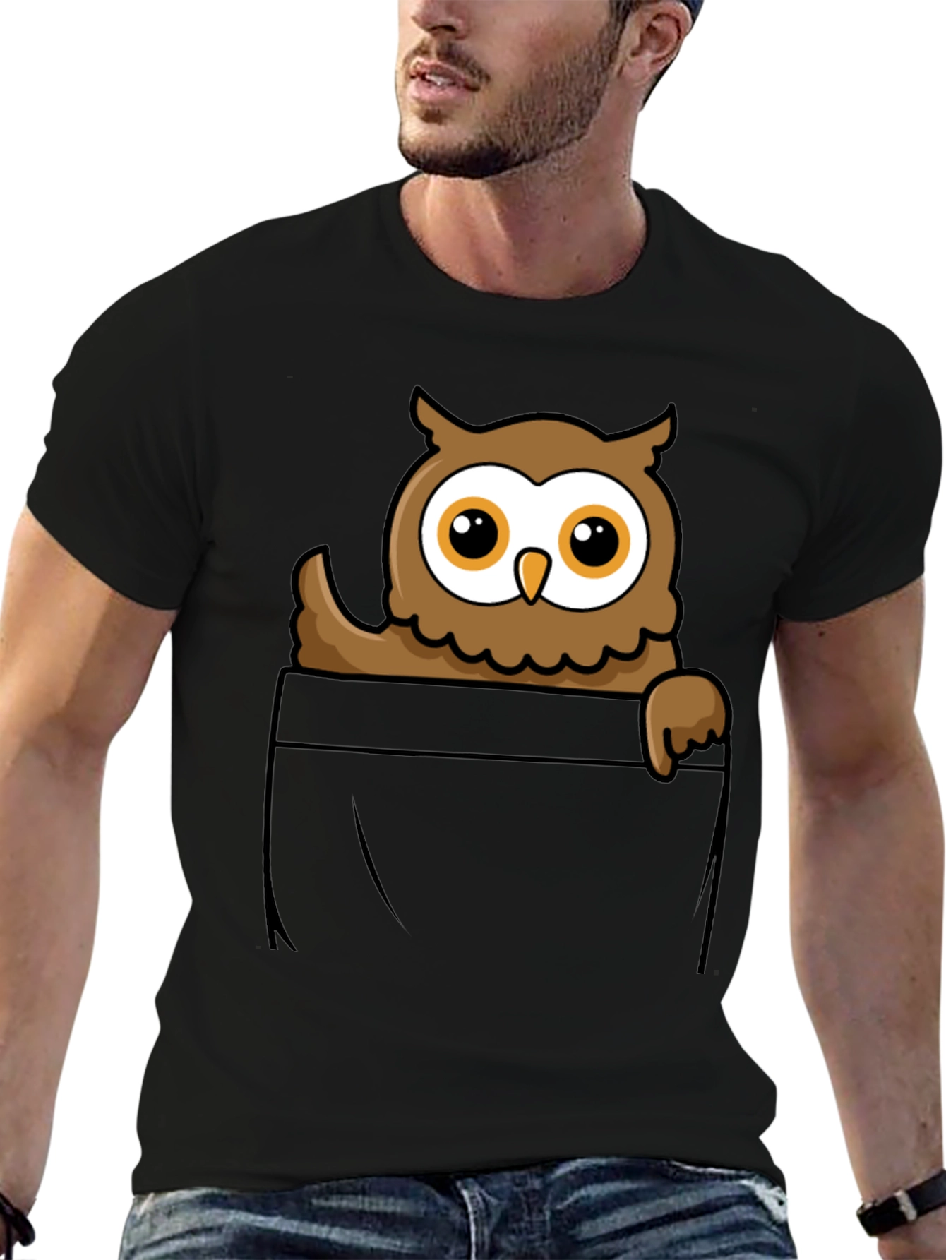 Owl Pocket Graphic T-Shirt - Black Cotton Tee