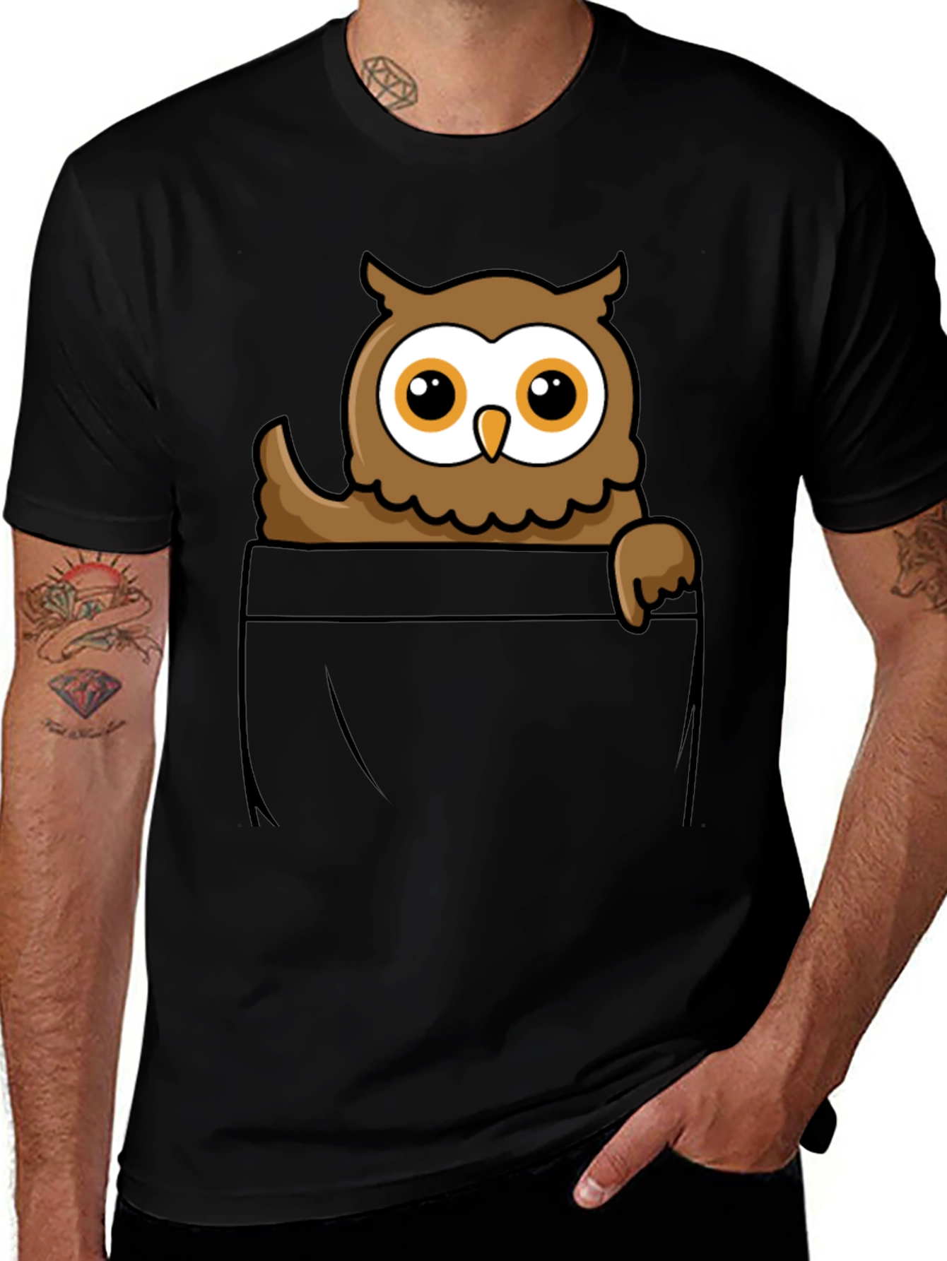 Owl Pocket Graphic T-Shirt - Black Cotton Tee