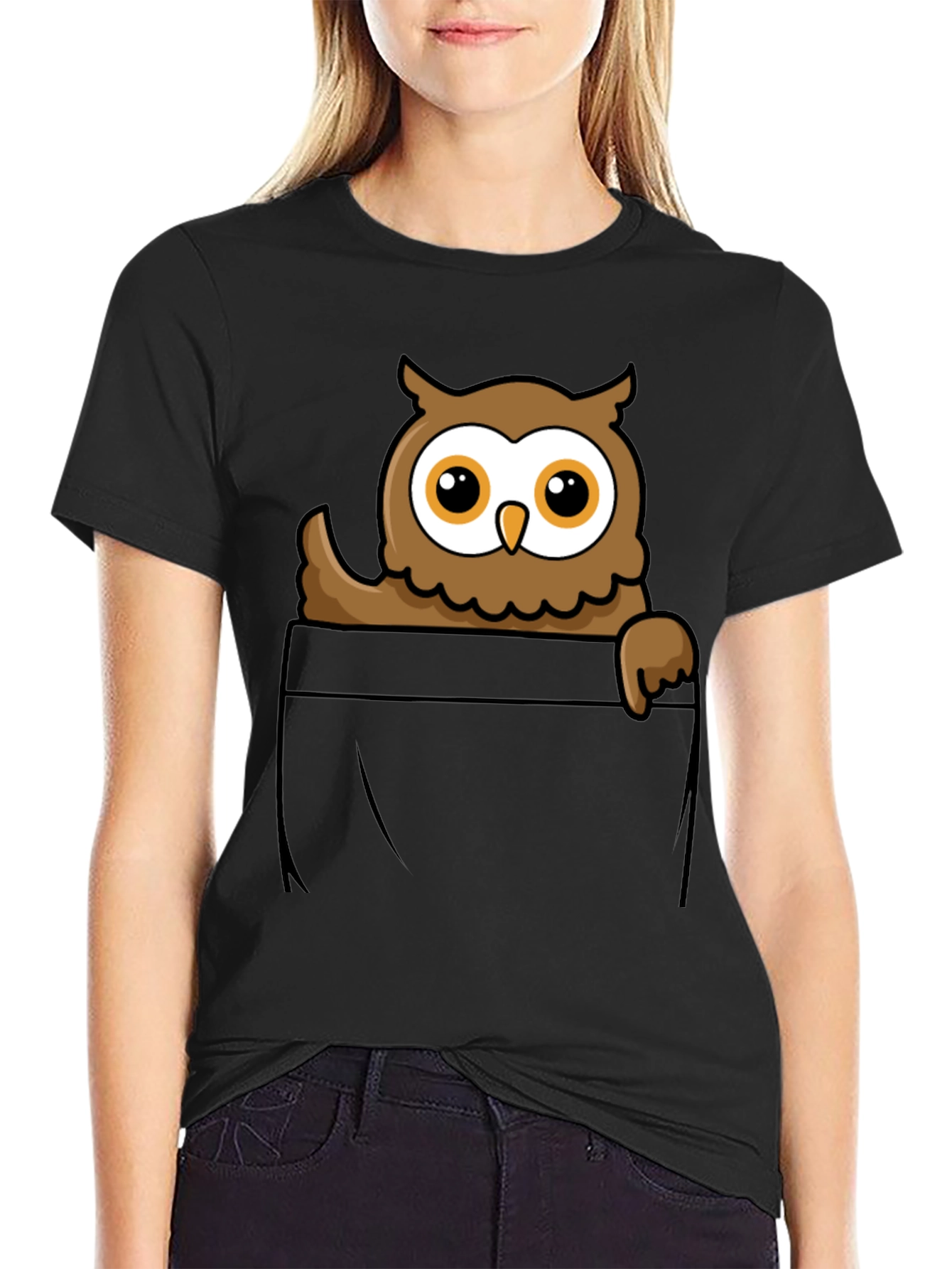 Owl Pocket Graphic T-Shirt - Black Cotton Tee