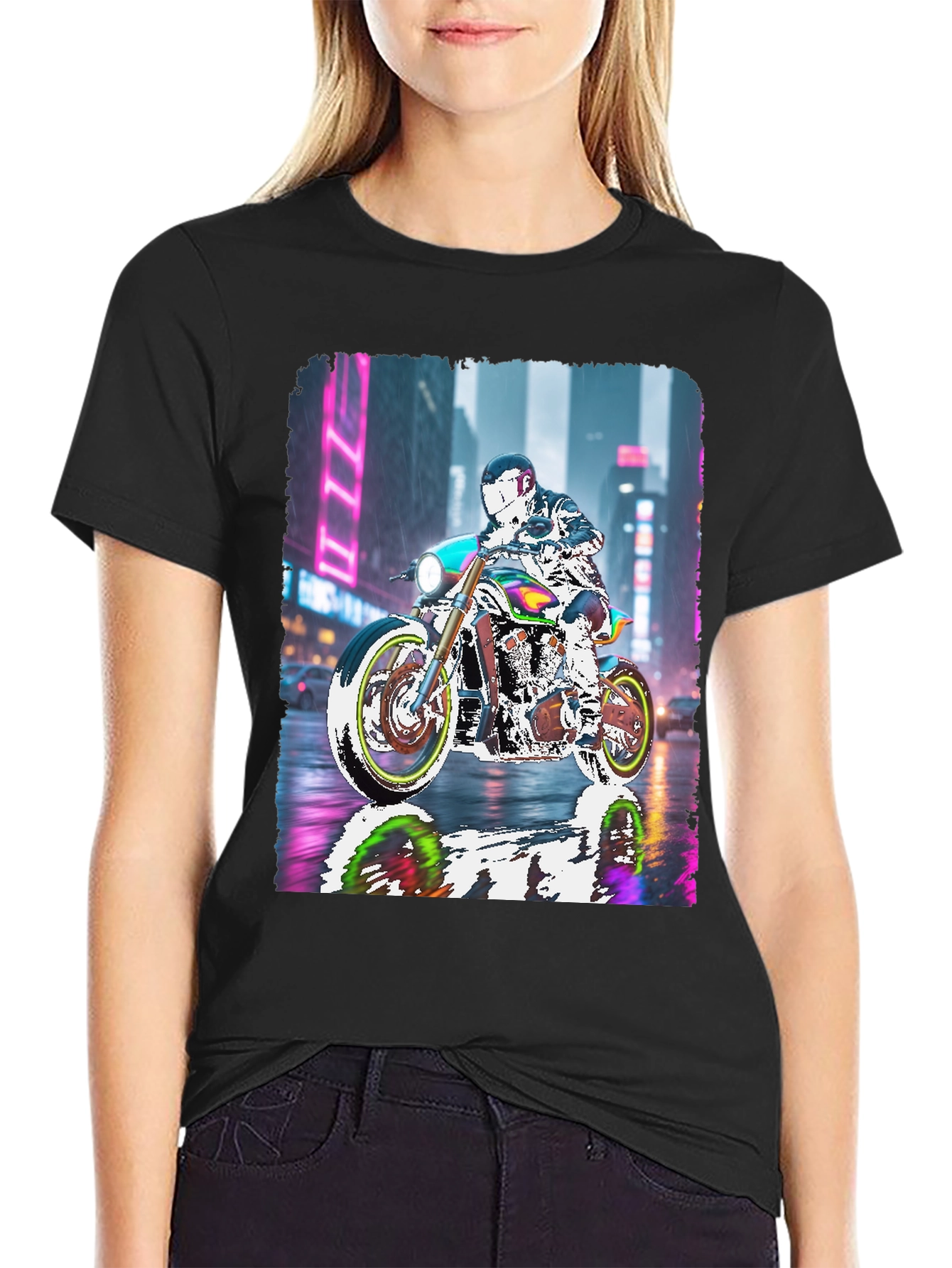 Motorcycle Rider Neon City T-Shirt
