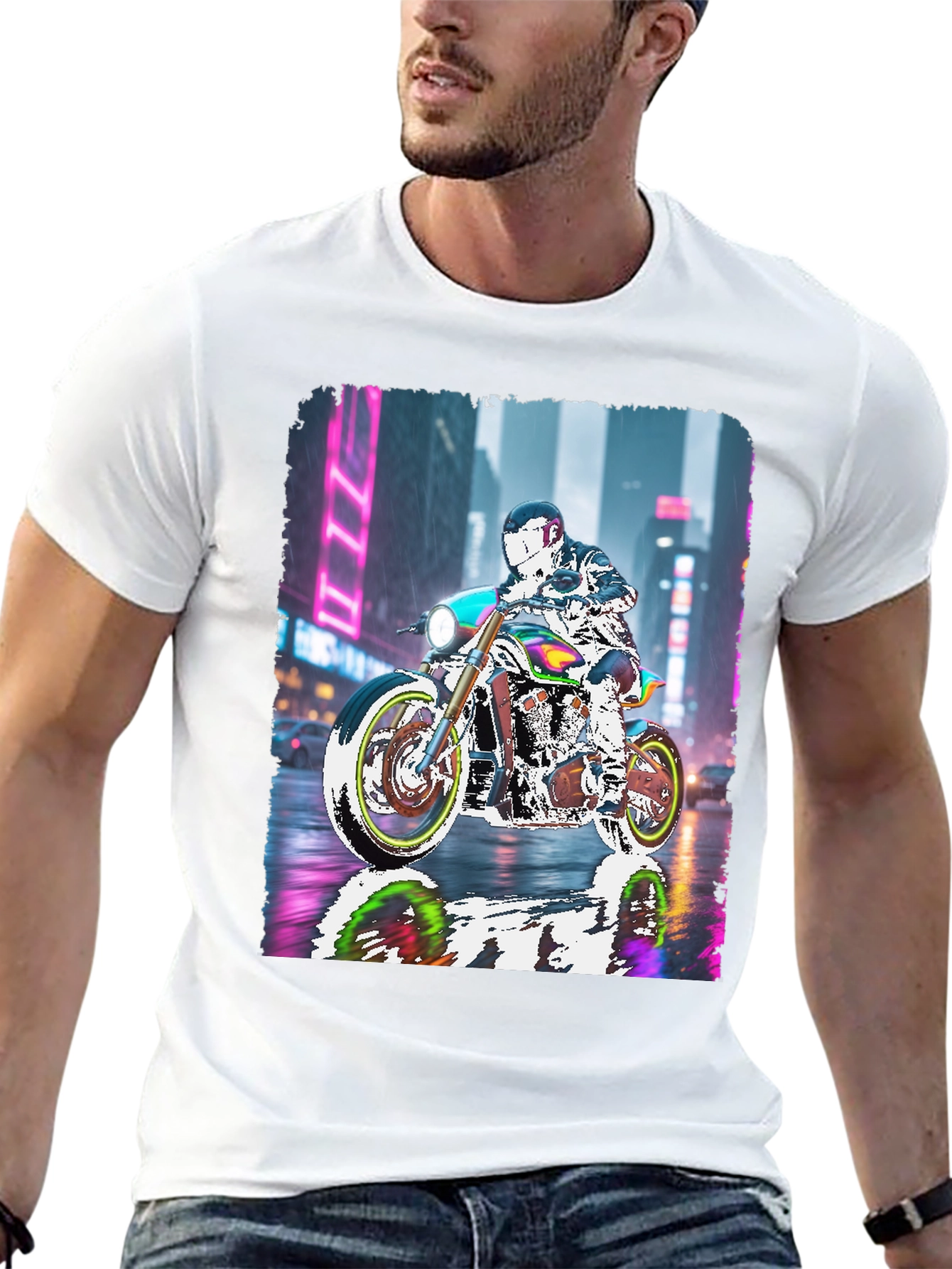 Motorcycle Rider Neon City T-Shirt