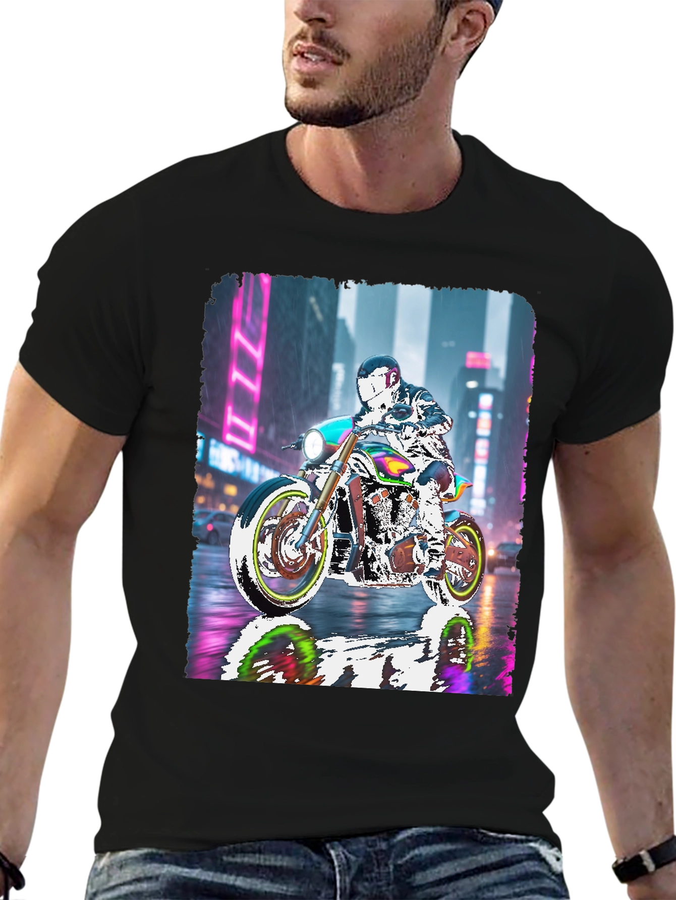 Motorcycle Rider Neon City T-Shirt