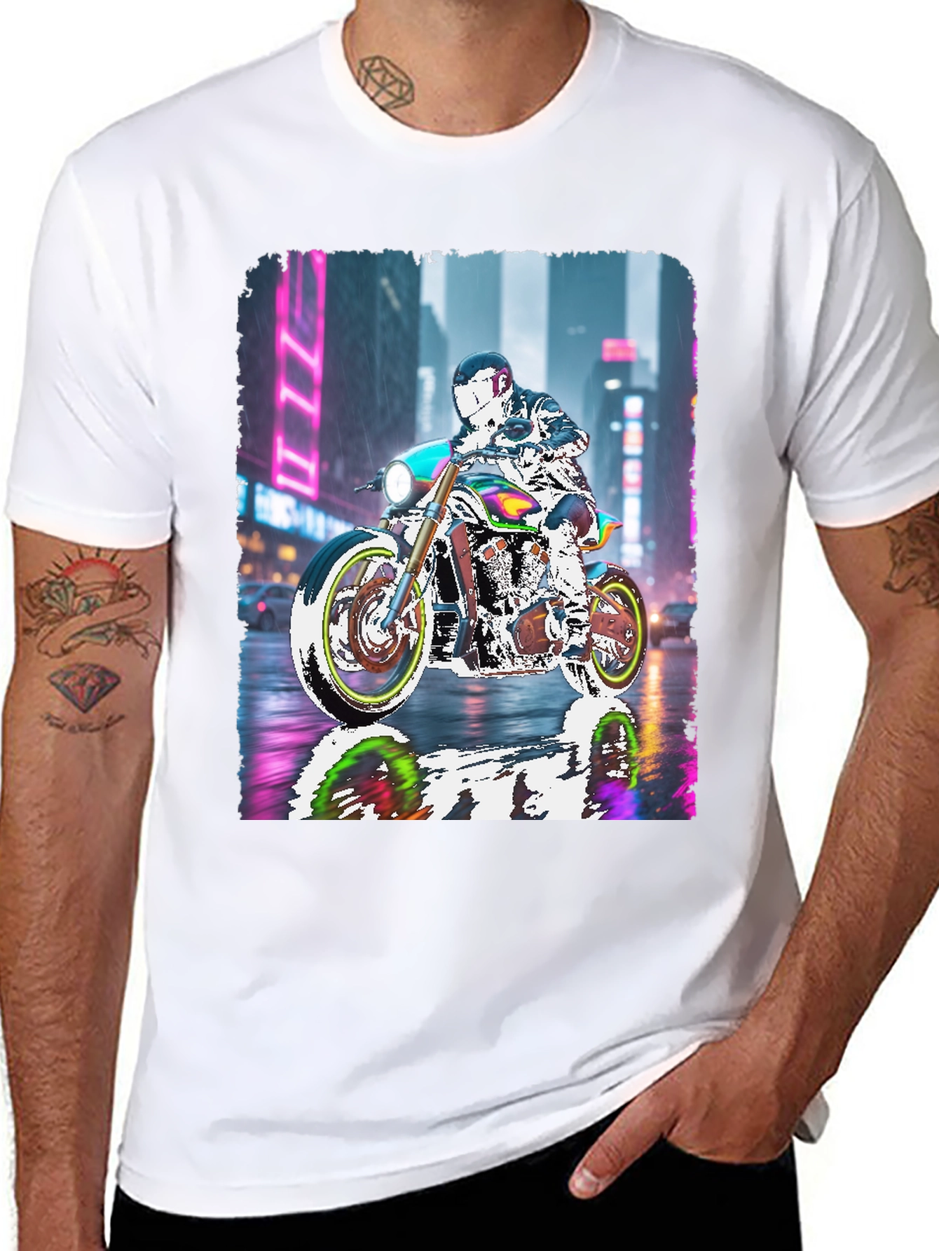 Motorcycle Rider Neon City T-Shirt