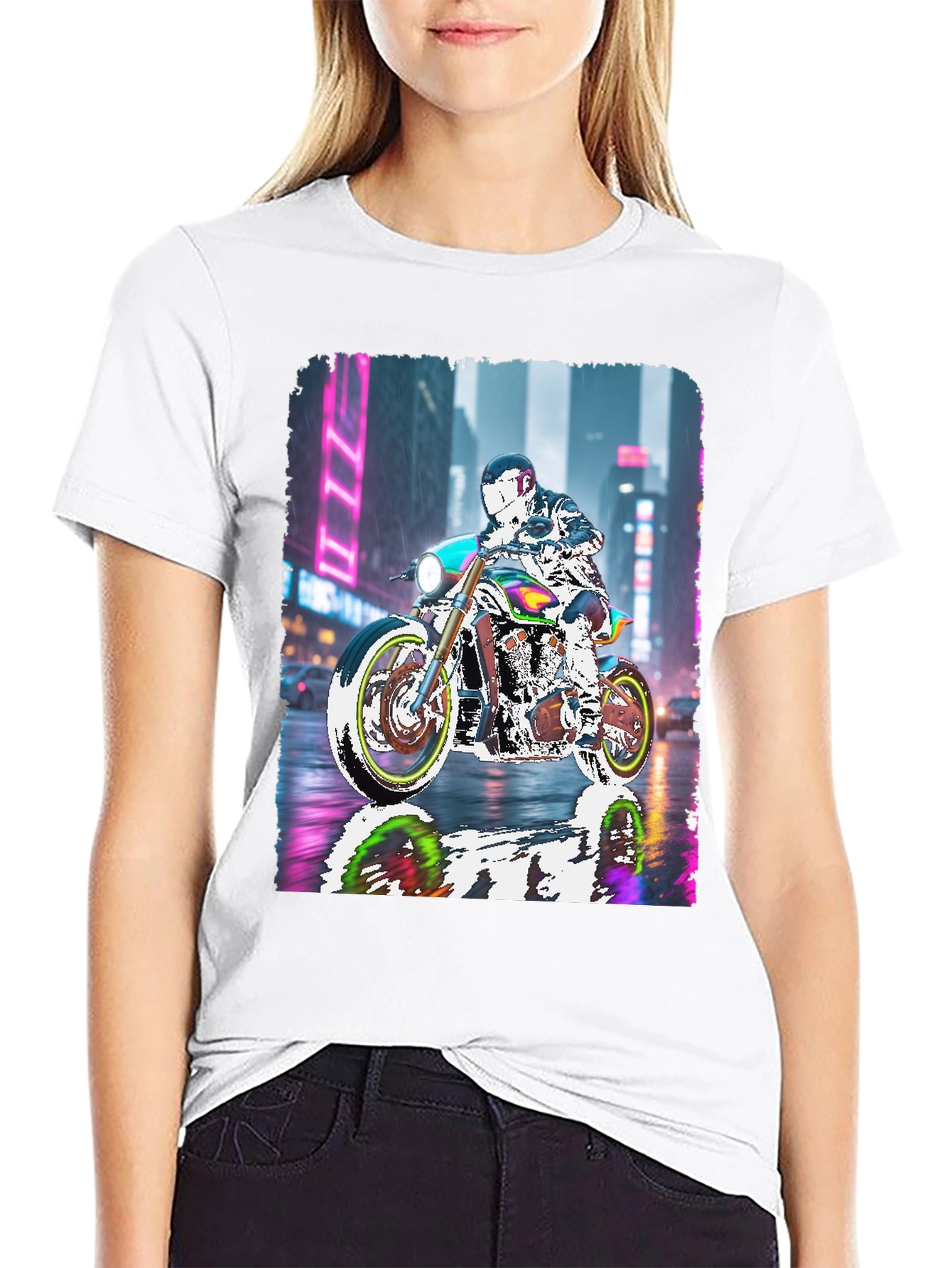 Motorcycle Rider Neon City T-Shirt