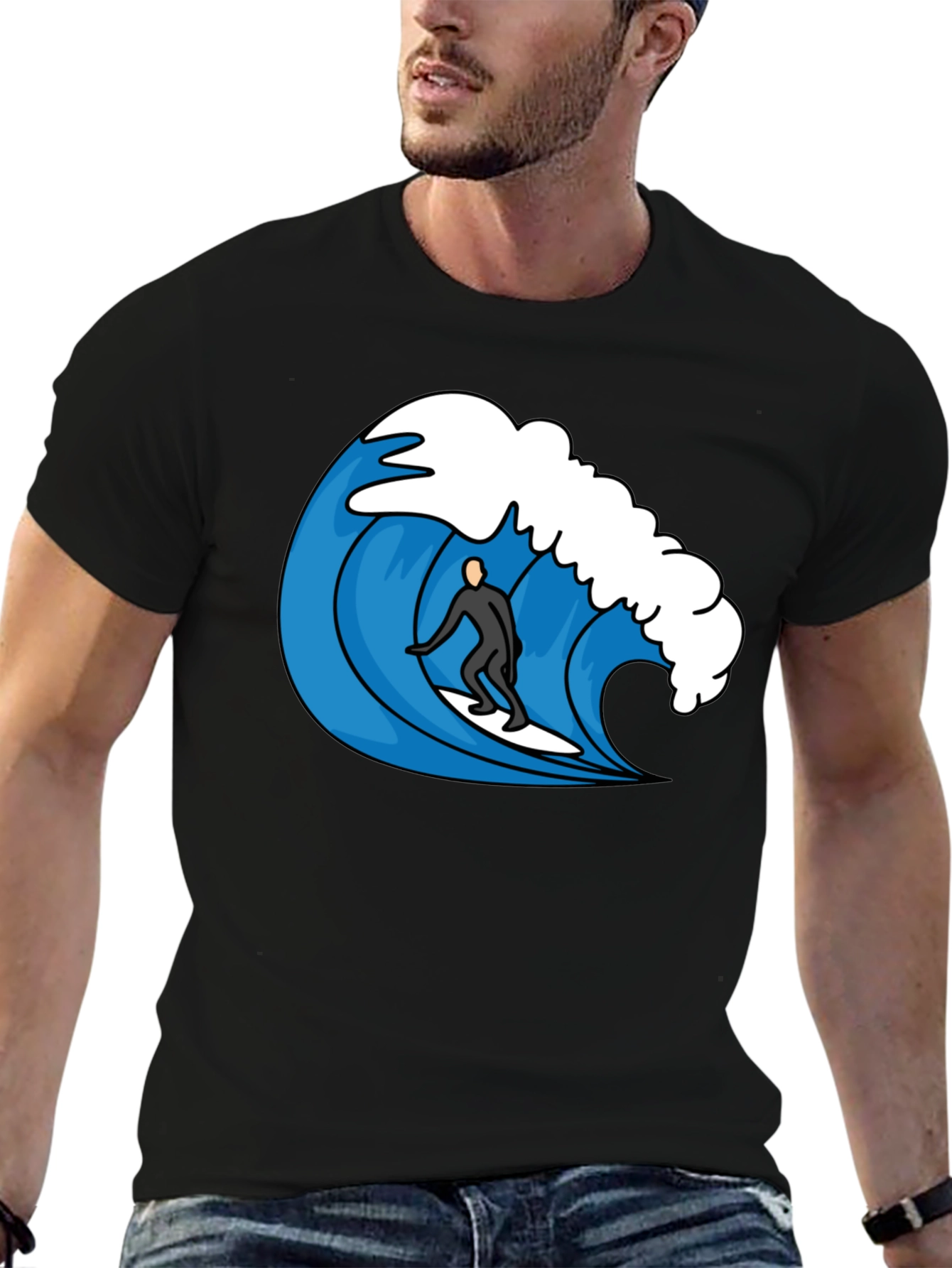 Surfer Wave Graphic Tee - Cool Black T-Shirt