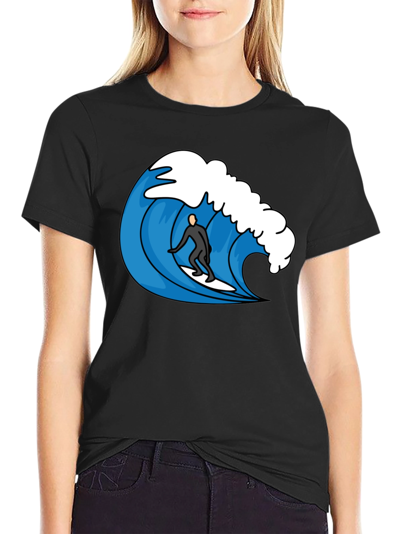 Surfer Wave Graphic Tee - Cool Black T-Shirt