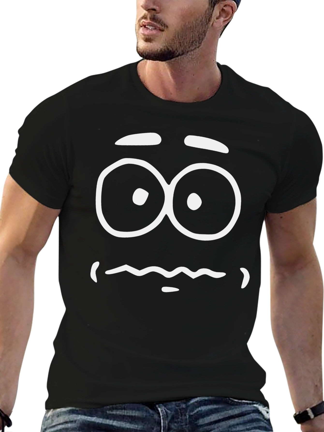Funny Cartoon Face Graphic Tee - Black Cotton T-Shirt