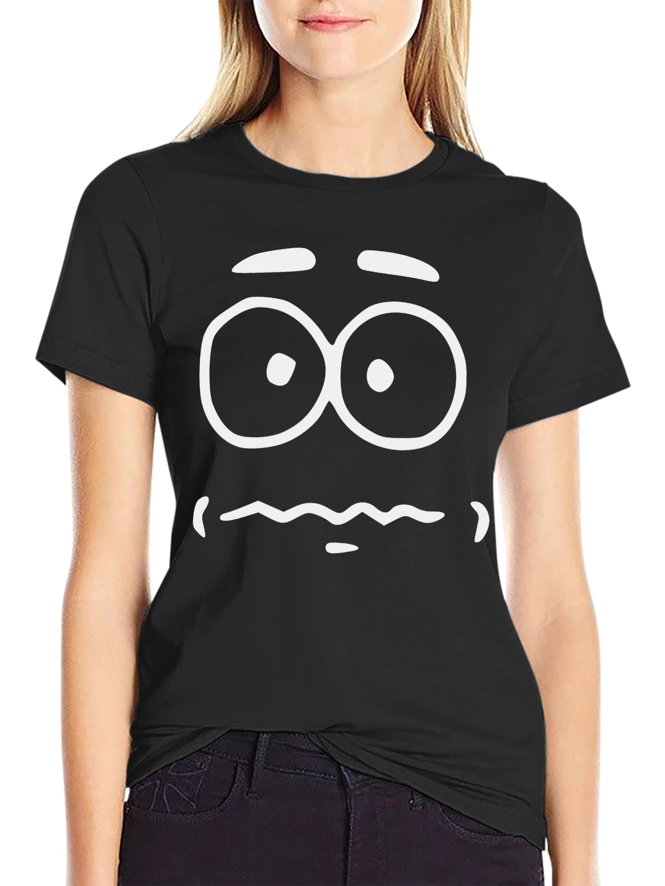 Funny Cartoon Face Graphic Tee - Black Cotton T-Shirt