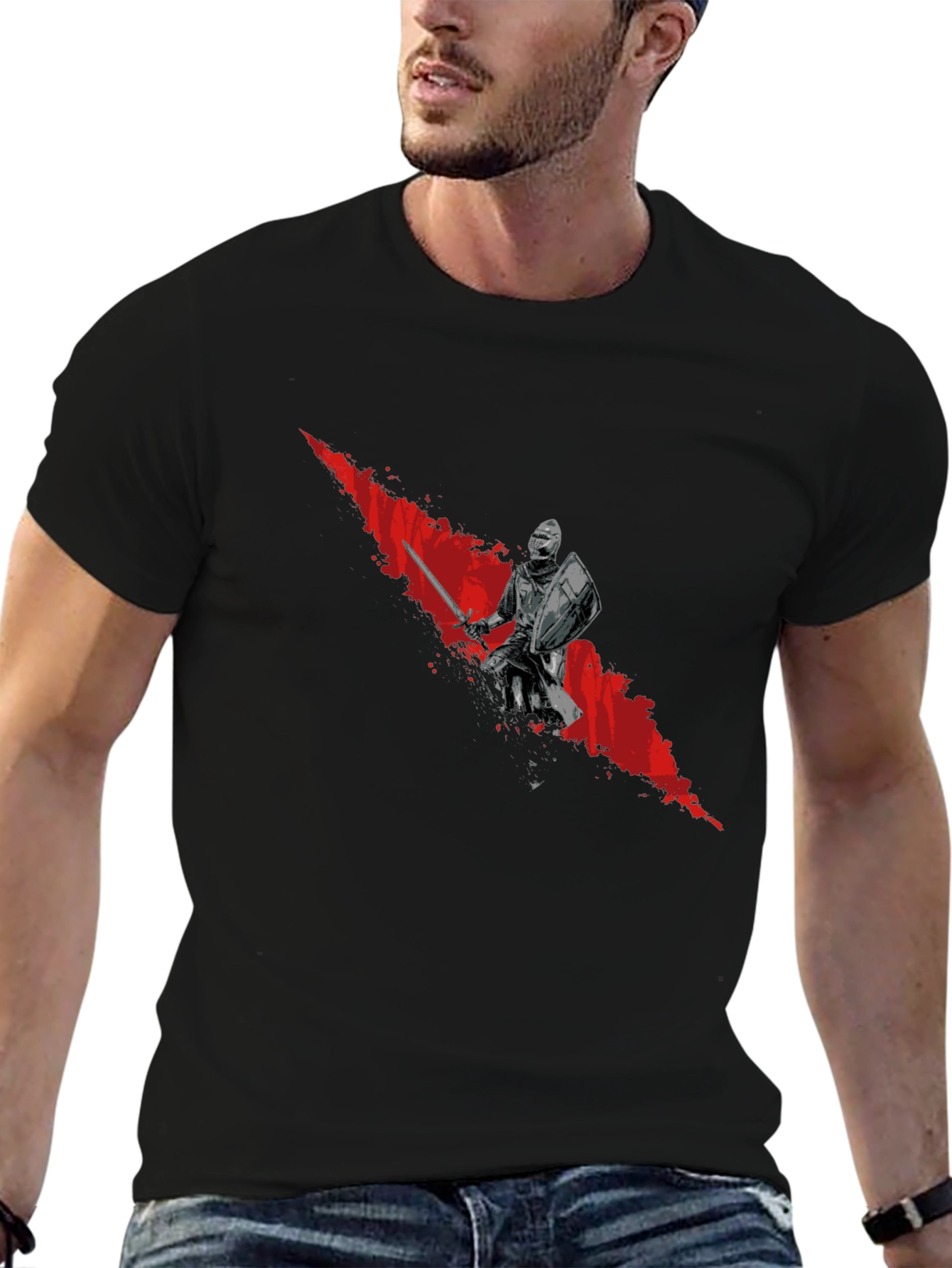 Knight Graphic Tee - Bold Red Slash Design