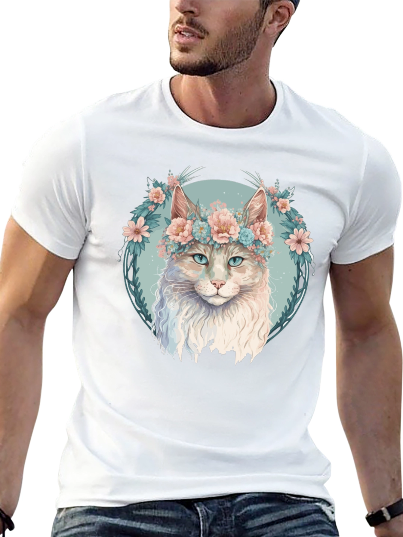 Floral Cat Graphic Black T-Shirt