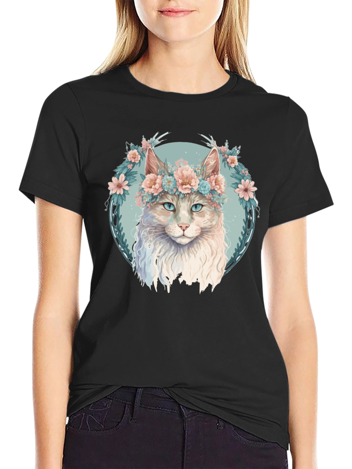 Floral Cat Graphic Black T-Shirt