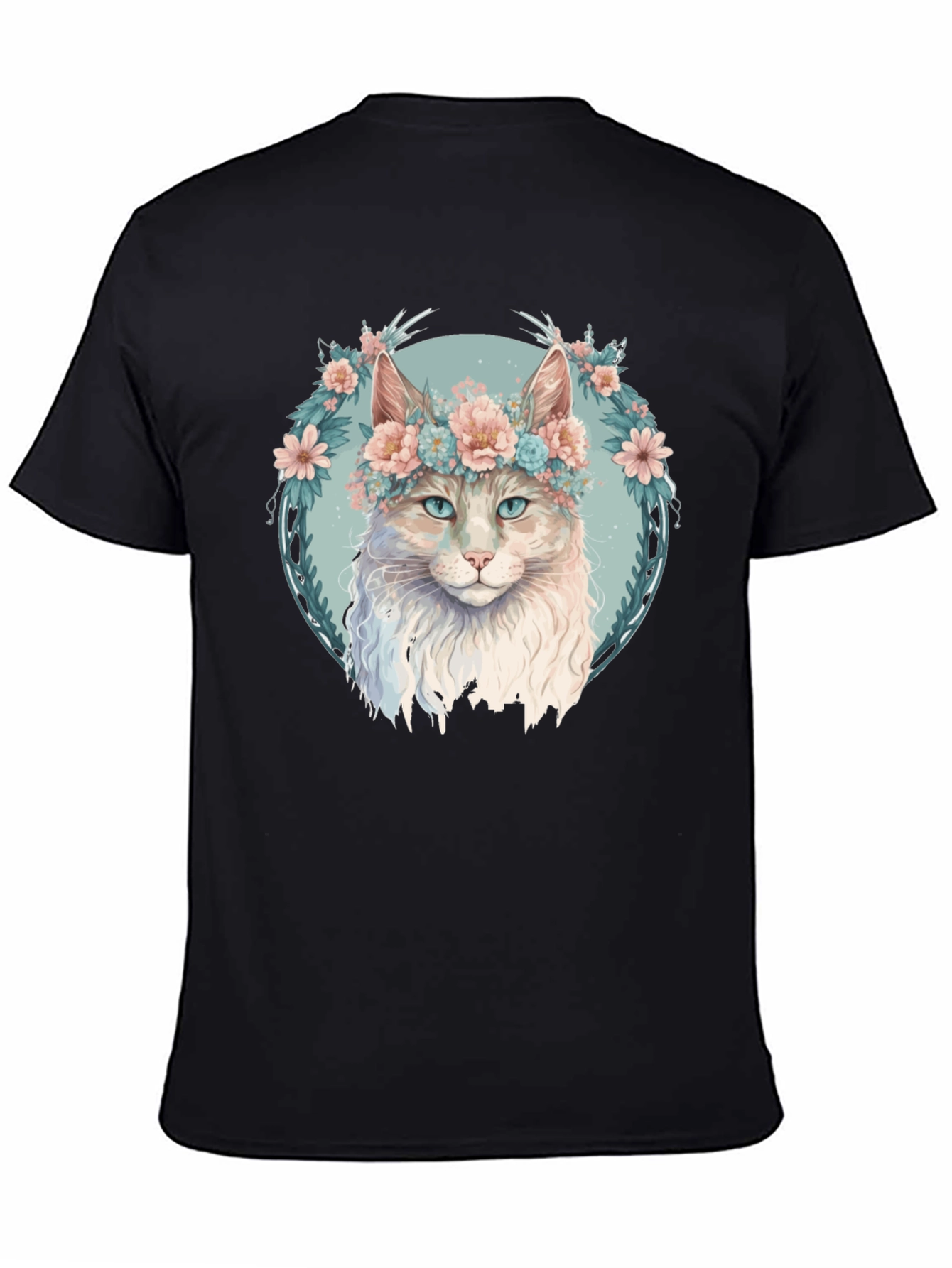 Floral Cat Graphic Black T-Shirt