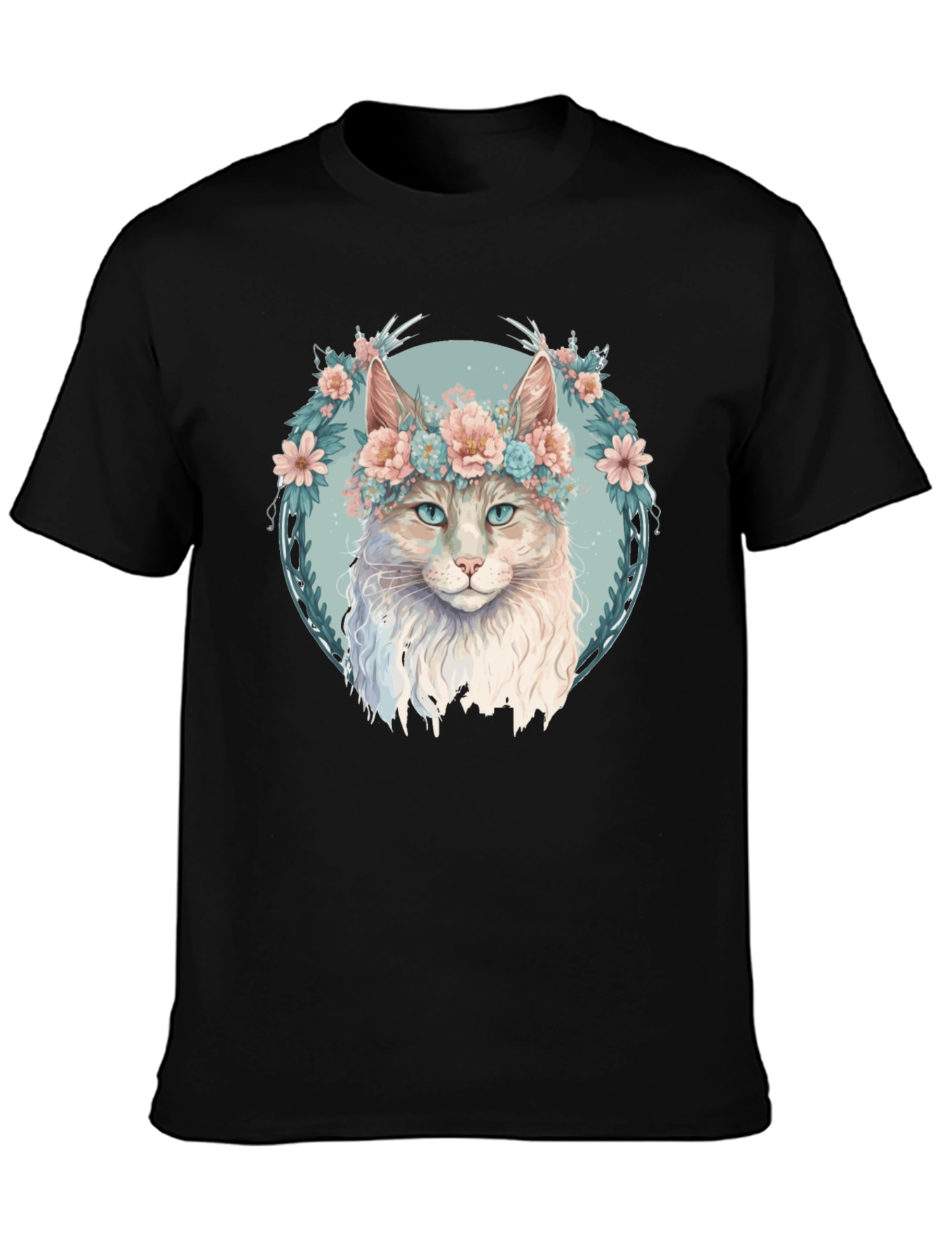 Floral Cat Graphic Black T-Shirt